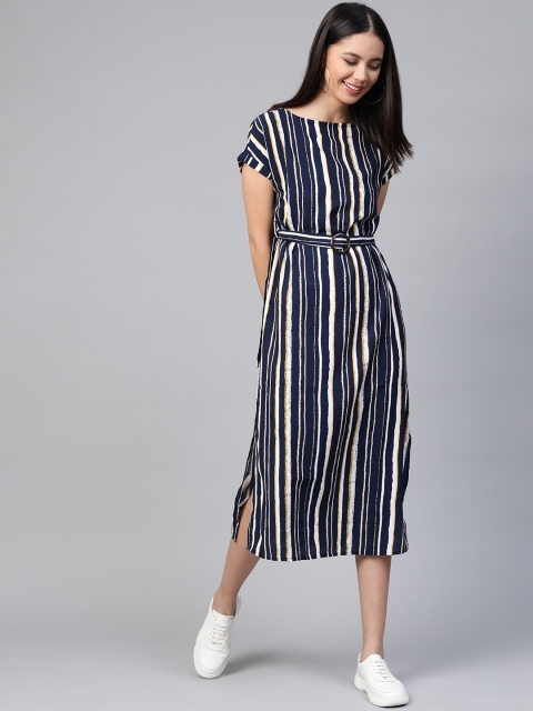 

Mast & Harbour Women Navy Blue & Off-White Striped A-Line Dress
