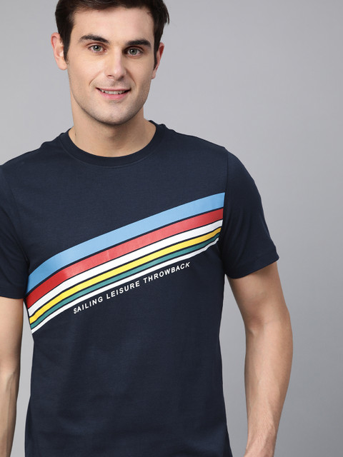 

Mast & Harbour Men Navy Blue Striped Detail Round Neck T-shirt