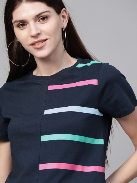 

Mast Harbour Women Navy Blue Pink Striped Round Neck Pure Cotton T-shirt