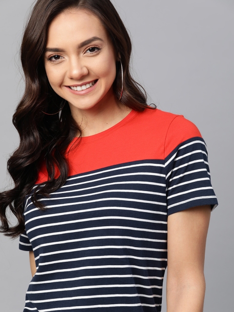 

Mast & Harbour Women Navy Blue & White Striped Round Neck T-shirt