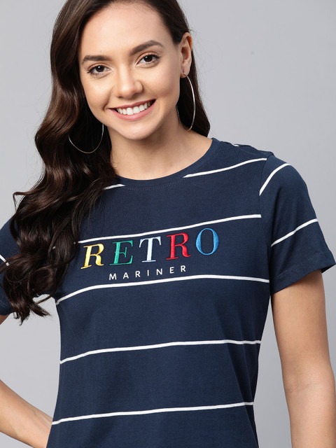

Mast & Harbour Women Navy Blue & White Striped Round Neck T-shirt