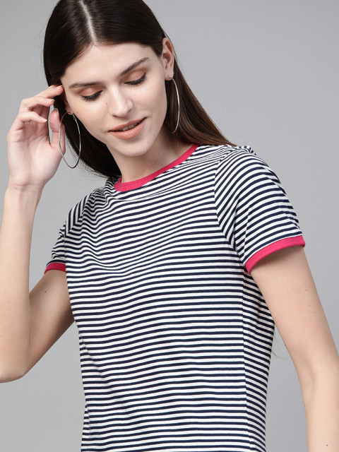 

Mast & Harbour Women Navy Blue Striped Round Neck T-shirt