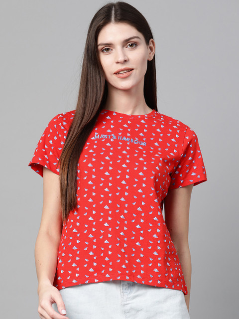 

Mast & Harbour Women Red & Blue Printed Round Neck T-shirt