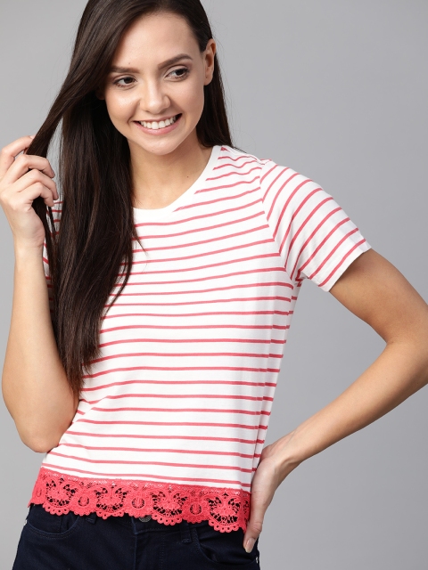 

Mast & Harbour Women White & Coral Pink Striped Round Neck T-shirt