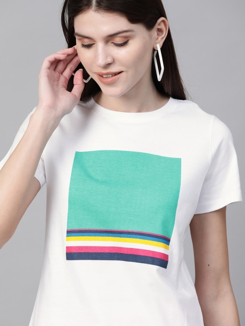 

Mast Harbour Women White Green Printed Round Neck Pure Cotton T-shirt