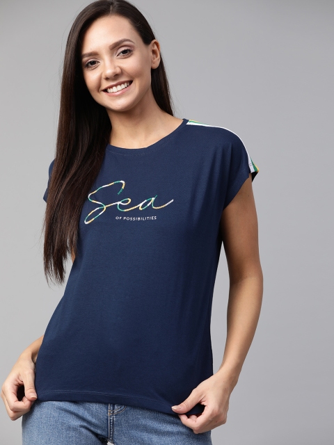 

Mast & Harbour Women Navy Blue Self Design Round Neck T-shirt