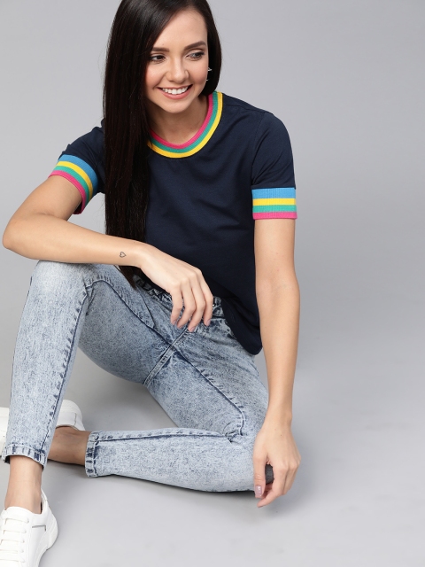 Women Navy Blue Solid Round Neck T-shirt