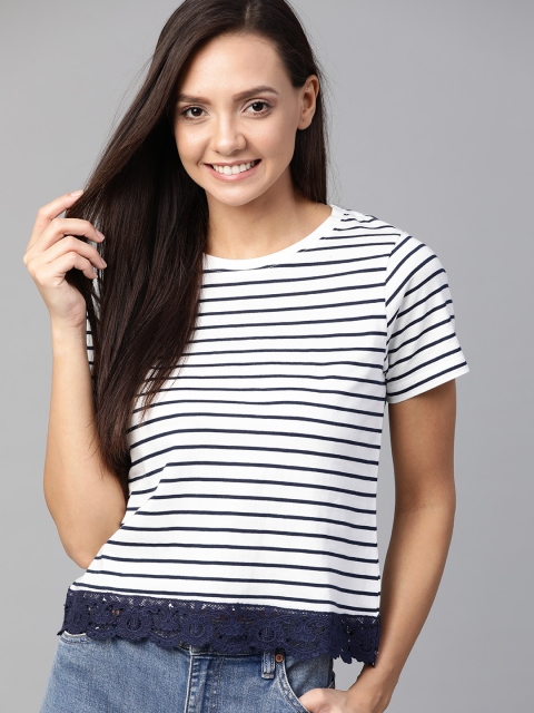 

Mast & Harbour Women White & Navy Blue Striped Round Neck T-shirt