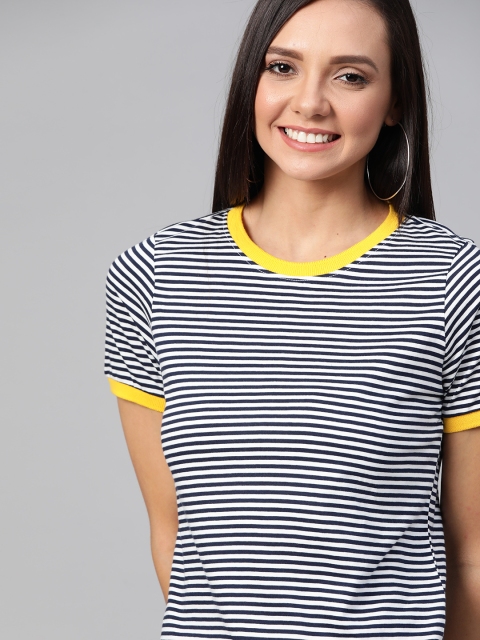 

Mast & Harbour Women Navy Blue Striped Round Neck T-shirt