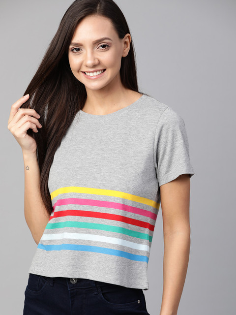 

Mast & Harbour Women Grey Melange Striped Detail Round Neck T-shirt