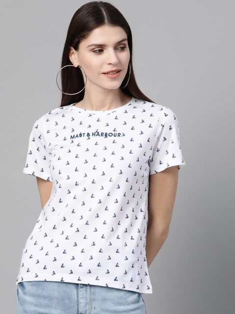 

Mast & Harbour Women White & Navy Blue Printed Round Neck T-shirt