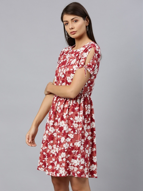 

Chemistry Women Rust Red & White Floral Print Fit and Flare Dress With Tie-Up Sleeves