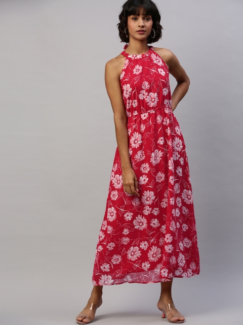 

Chemistry Women Red & Pink Floral Print Halter Neck A-Line Dress With Tie-Ups