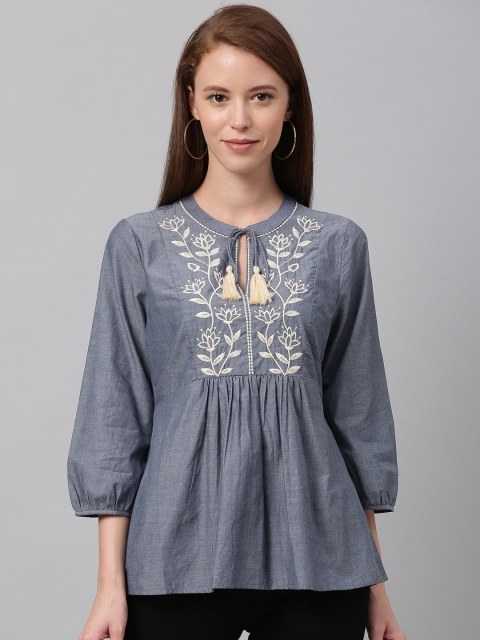 

Chemistry Women Navy Blue Embroidered Gathered A-Line Pure Cotton Top