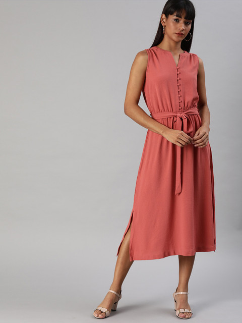 

Chemistry Women Coral Pink Solid Fit and Flare Dress