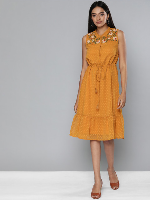 

Chemistry Women Mustard Self Design Fit and Flare Dress