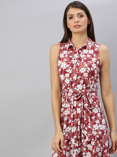 

Chemistry Women Maroon & White Floral Printed Fit and Flare Dress