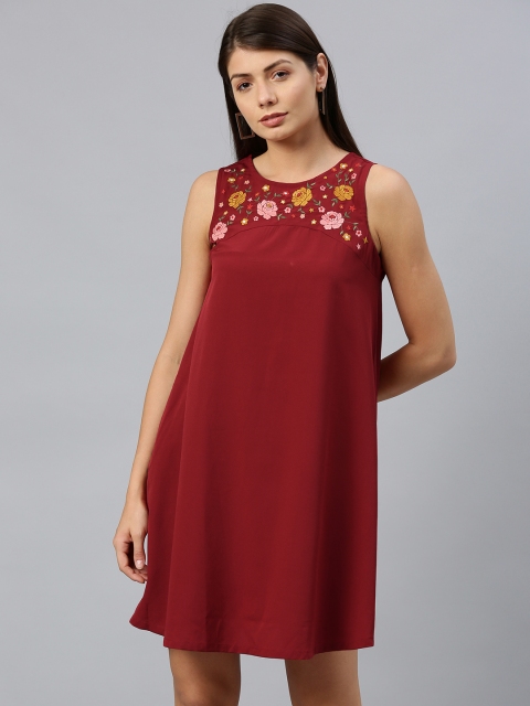 

Chemistry Women Maroon Solid A-Line Dress With Embroidered Detail