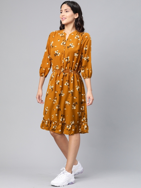 

Chemistry Women Mustard Brown & Off-White Floral Print A-Line Dress