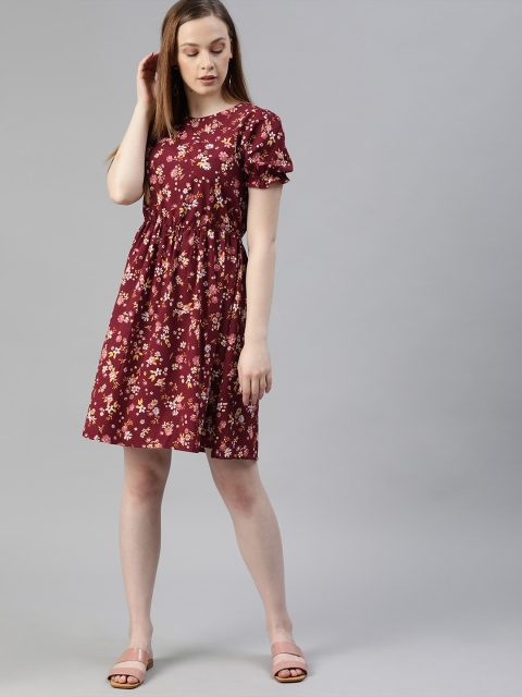 

Chemistry Women Maroon Printed Fit and Flare Dress