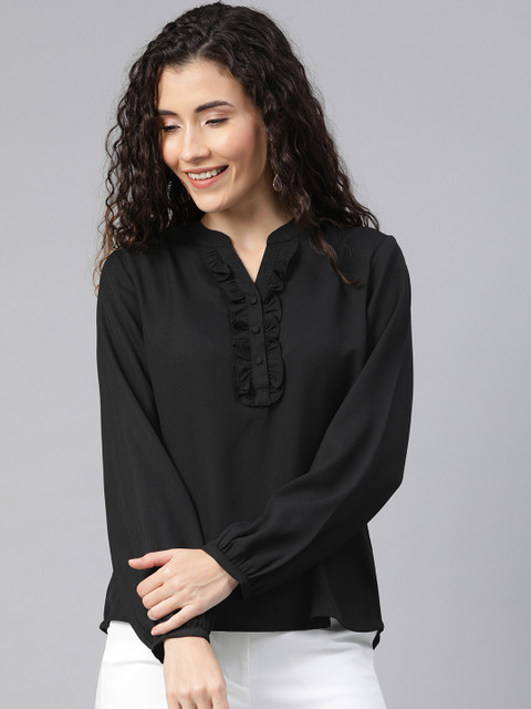 

Chemistry Women Black Regular Fit Solid Casual Shirt with Ruffles