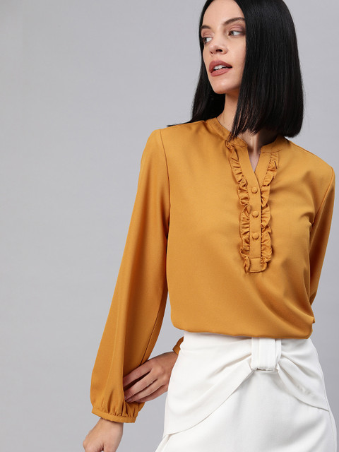 

Chemistry Women Mustard Yellow Solid Regular Top with Ruffles Detailing