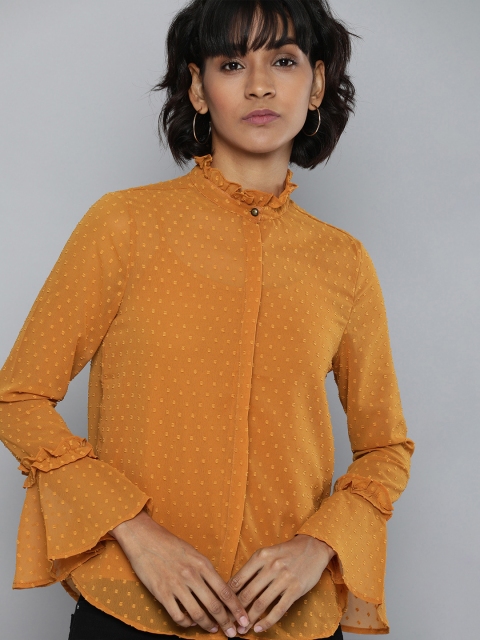 

Chemistry Women Mustard Yellow Regular Fit Solid Dobby Sheer Shirt With Bell Sleeves