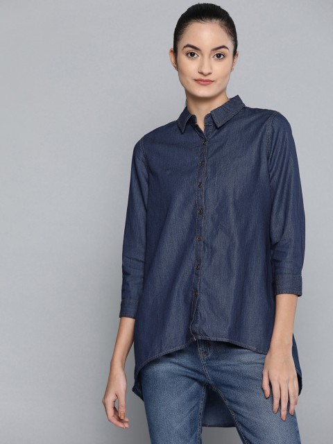 

Chemistry Women Navy Blue Solid High-Low Chambray Casual Shirt