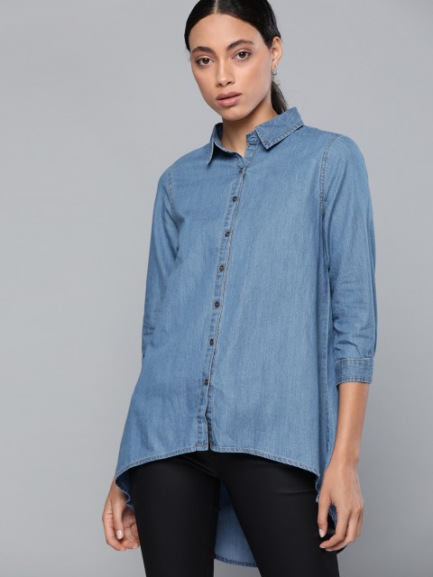 

Chemistry Women Blue Solid High Low Regular Fit Casual Shirt