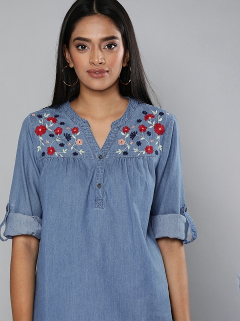 

Chemistry Women Blue Embroidered Chambray Regular Pure Cotton Top