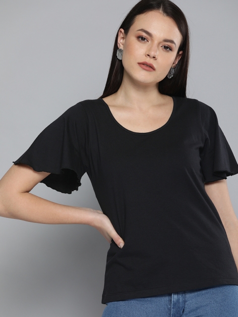 

Chemistry Women Black Solid Pure Cotton Top With Flutter Sleeves