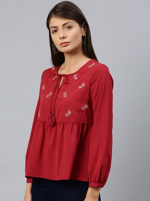 

Chemistry Women Maroon Embroidered A-Line Top