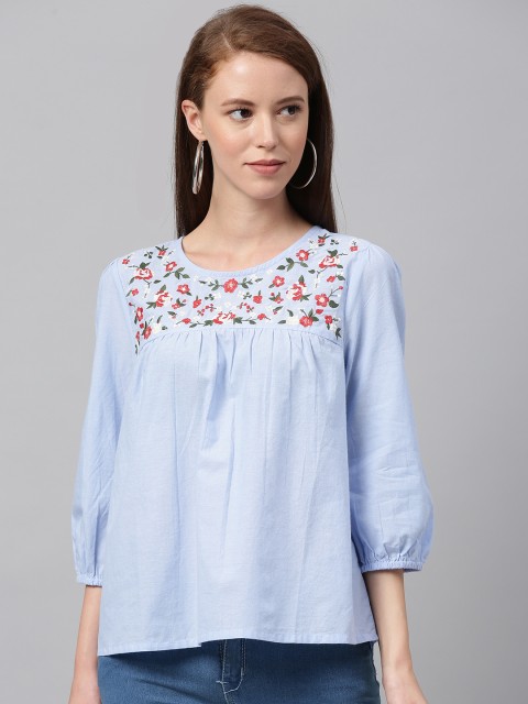 

Chemistry Women Blue Floral Embroidered Gathered A-Line Pure Cotton Top