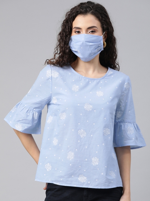 

Chemistry Women Blue & White Floral Printed Top with Matching Mask