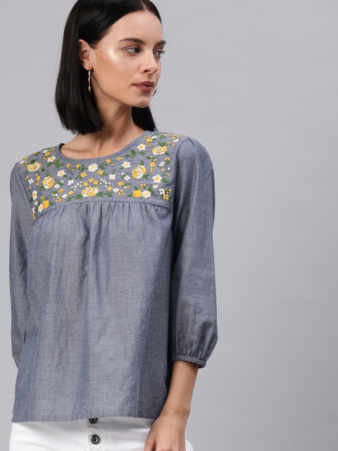 

Chemistry Women Navy Blue Embroidered Regular Top
