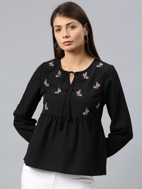 

Chemistry Women Black Embroidered A-Line Top