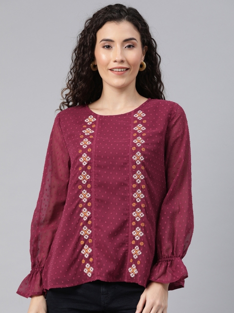 

Chemistry Women Burgundy Self Design Top