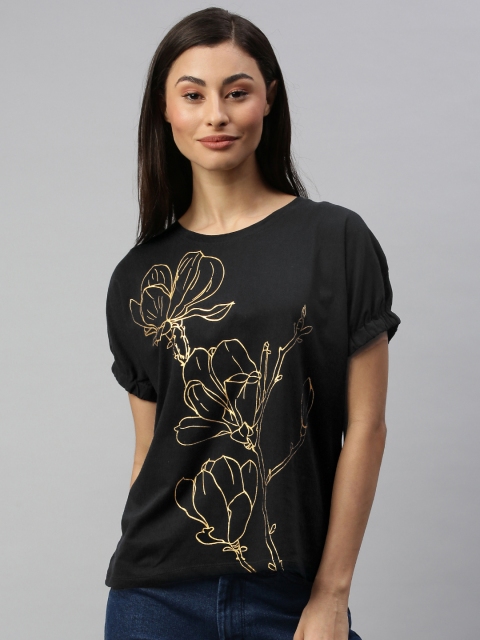 

Chemistry Women Black Gold-Toned Printed Round Neck Pure Cotton T-shirt