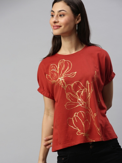 

Chemistry Women Coral Red Printed Pure Cotton Top