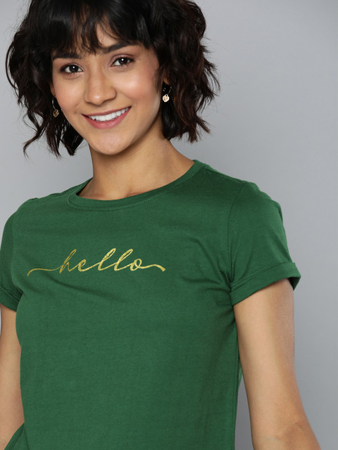 

Chemistry Women Olive Green Printed Round Neck T-shirt
