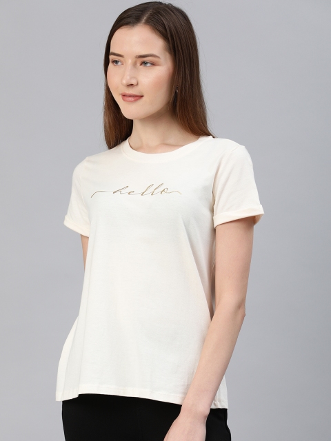 

Chemistry Women Off-White Solid Round Neck T-shirt