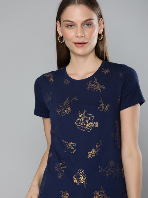 

Chemistry Women Navy Blue Printed Round Neck Pure Cotton T-shirt