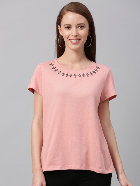 

Chemistry Women Pink Solid Jewel Neck T-shirt