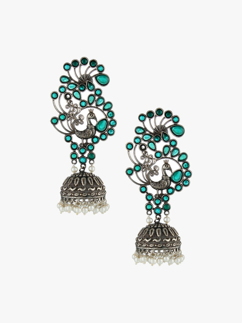 

Adwitiya Collection Silver-Toned & Green Dome Shaped Jhumkas