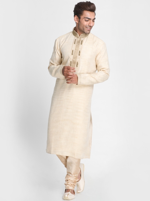 

Lakshya by Manish Men Beige Embroidered Kurta with Churidar