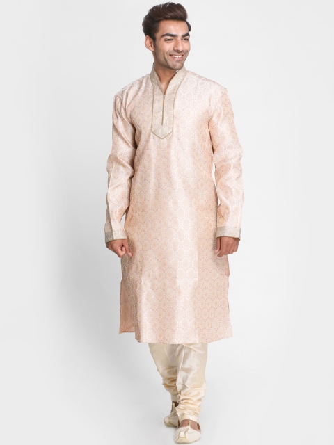 

Lakshya by Manish Men Beige & Pink Self Design Kurta with Churidar
