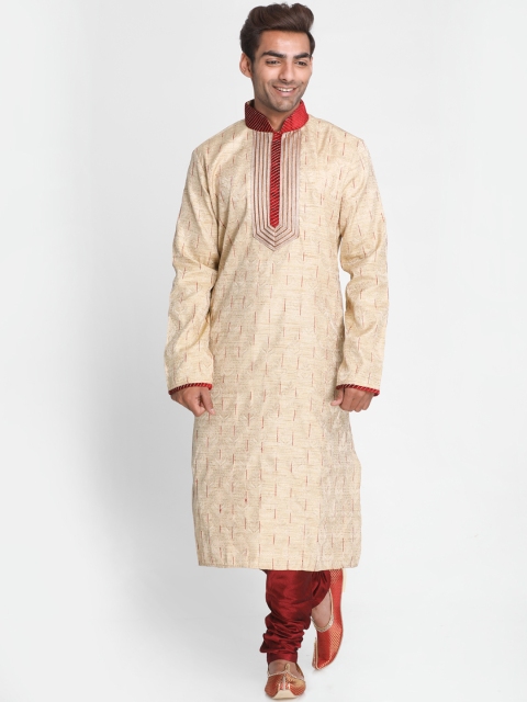 

Lakshya by Manish Men Off-White & Maroon Self Design Kurta with Churidar