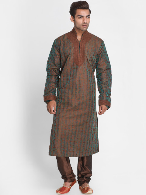 

Lakshya by Manish Men Brown & Teal Self Design Kurta with Churidar