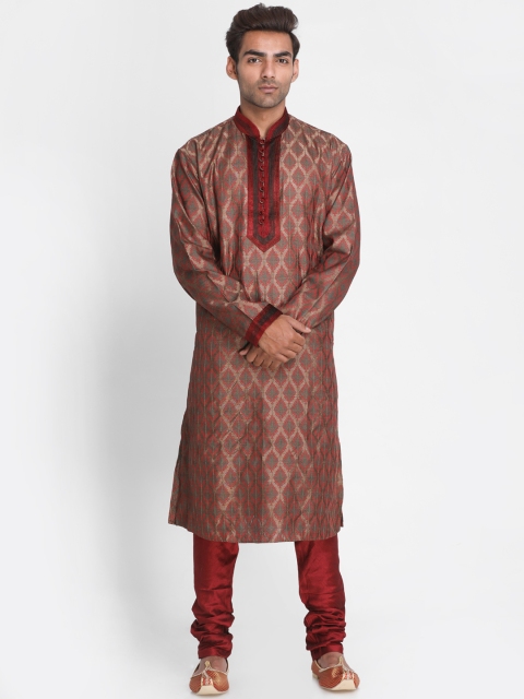 

Lakshya by Manish Men Brown & Green Self Design Kurta with Churidar