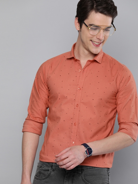 Men Rust Orange & Brown Printed Pure Cotton Casual Shirt